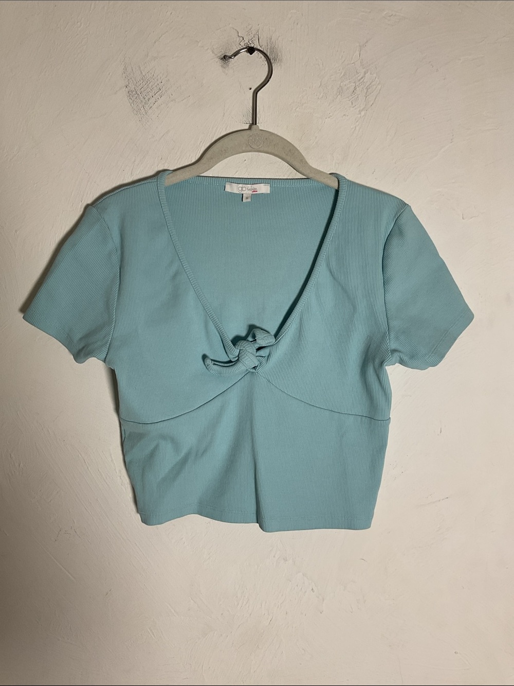 GB Fashion London Light Blue Ribbed Knot Front V Neck Crop Top Size M
